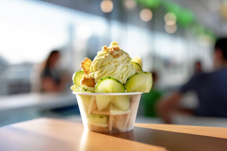 Generative AI. On a wooden table in a sunny summer cafe, a glass bowl with vegan cucumber pickle ice cream balls complemented by tangy pickled vegetables-celery. copyspace.の素材