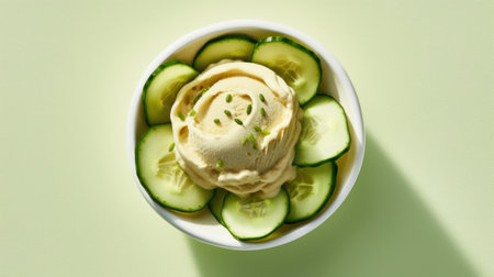 Generative AI. A white ceramic bowl with vegan cucumber pickle ice cream balls on a light green background. A trendy summer vegetarian fermenting treat. view from above.の素材