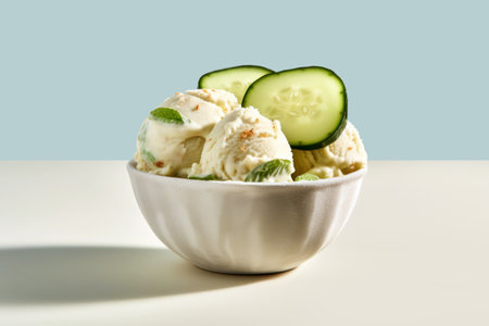 Generative AI. A frosted cold white ceramic bowl with vegan cucumber pickle ice cream balls on a beige table with a light blue background. A trendy summer vegetarian fermenting treat.の素材