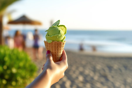Girl's hand holds lime ice cream in a waffle cup on the background of a summer beach and sea. Concept of summer cafe and rest with relaxation. copyspace.の素材