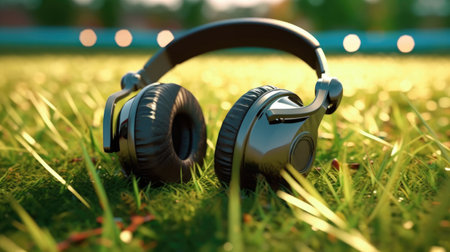 The idea of football podcasting. A commentator's headphones on a green field. The concept of sports journalism. copyspace. Generative AI.の素材