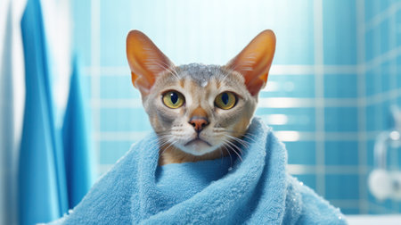Unhappy Abyssinian cat covered with a blue towel. Funny blue-colored Abyssinian cat in the bathroom background. Animal hygiene and pet care concept. copyspace. Banner. Generative AI.の素材
