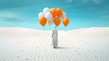 Generative AI. A female figure in a white dress and flying orange balloons. blue sky and desert. Conceptual, creative and surreal artwork. Concept of depression and mental health. copyspace. Banner.の素材
