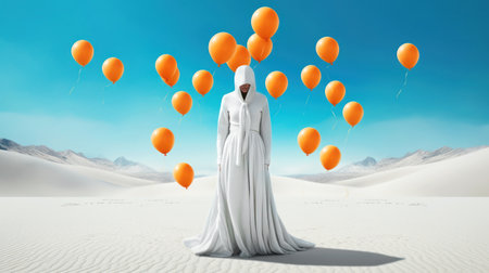 Generative AI. A lonely female figure in a white dress with a hood and orange balloons. Blue sky and white desert. Conceptual, creative and surreal artwork. Concept of gaslighting and mental health.の素材
