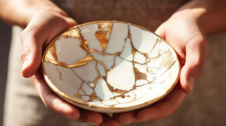 White ceramic plate with kintsugi method in Female hands. Antique pottery restored with gold cracks. Traditional Japanese gold fixing method. Wabi sabi concept. Sunlights. Generative AI.の素材
