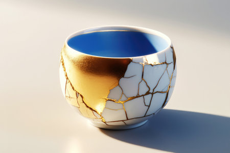 The Ceramic Kintsugi cup on a white table background. The antique restoration method. Repair gold cracks in old Japanese pottery. Charm of flaws. Unique expression of Japanese culture and aestheticsの素材