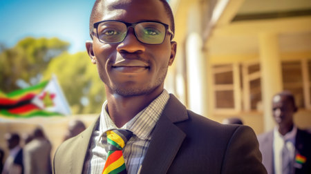 Elections in Zimbabwe. African young man in shirt, suit and glasses stands outside after voting. Zimbabwe flag on background. The concept of elections in Africa. Generative AI.の写真素材