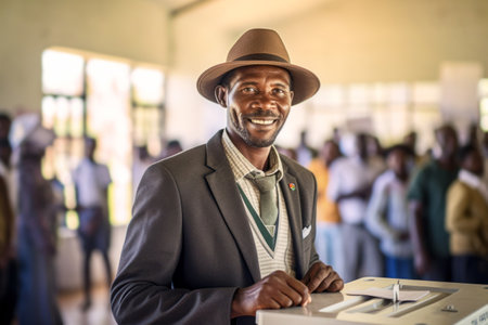 Elections in Zimbabwe. Happy African middle aged man in suit, shirt and hat stands near the ballot box. The concept of elections in Africa. Generative AI.の写真素材