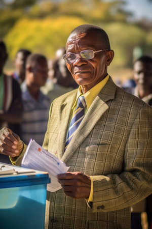 Elections in Zimbabwe. Elderly African man in yellow shirt, beige plaid blazer and glasses stands is standing near a ballot box. The concept of elections in Africa. vertical. Generative AI.の写真素材