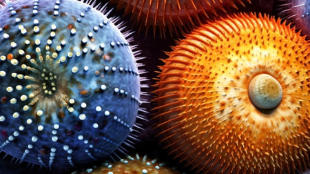 Changing the color and texture of the shells of sea urchin due to ocean acidification. The concept of environmental damage and climate change. close up. macro.の素材