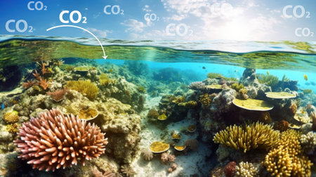Carbon dioxide emissions and ocean acidification concept. Environmental change, water acidification, ocean plastic pollution, carbon dioxide absorption, seawater contamination.の素材
