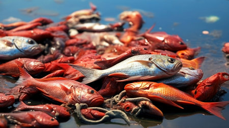 Dead catches in nets by the sea. Negative impact of Ocean acidosis on fish populations and commercial activities. The concept of environmental damage and climate change. close up.の素材