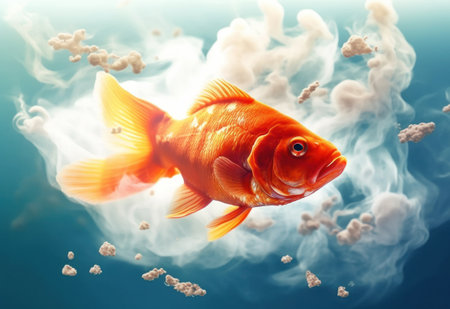 Fish in dirty water with microplastics and debris, suffering from diseases. Negative impact of ocean acidosis on fish populations and fishing activities. Ocean pollution and climate change concept.の素材