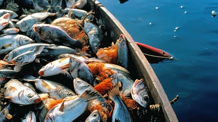 Dead catches on a fishing ship. Negative impact of Ocean acidosis on fish populations and commercial activities. The concept of environmental damage and climate change. copyspace.の素材