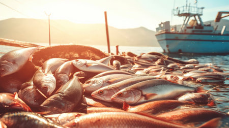 Dead catches on a fishing ship. Negative impact of Ocean acidosis on fish populations and commercial activities. The concept of environmental damage and climate change. close up.の素材