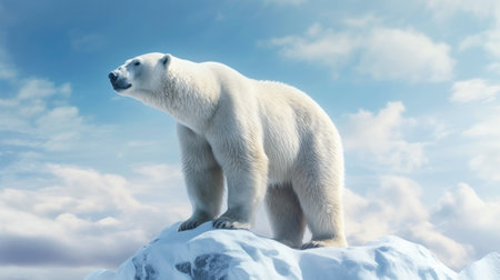 Big polar bear on a glacier, sky in the background. Melting iceberg and global warming. Concept climate change, melting glaciers and arctic ice. Banner. copyspace.の素材