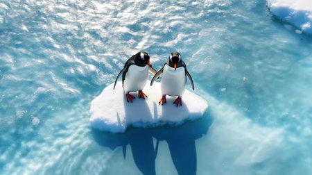 Pair of penguins float on the ice floe in the Southern Ocean in Antarctica in search of food. The effects of global warming, melting glaciers, and climate change. view from above. copyspace.の素材