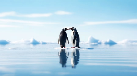 Pair of penguins float on the ice floe in the Southern Ocean in search of food. The effects of global warming, melting glaciers, and climate change. Antarctic landscape. Banner. copyspace.の素材