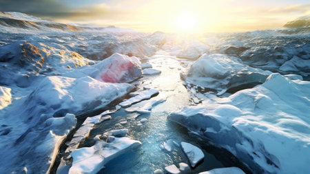 A melting glacier showing bright blue cracks and water flows showing the accelerated melting of the glacier. The concept of climate change, the loss of ice, and global warming. Banner. copyspace.の素材