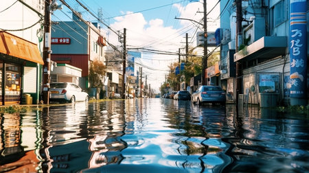 A flooded coastal Japanese city from floods caused by rising sea levels due to the melting of glaciers and ice sheets. Consequences of climate change and global warming.の素材