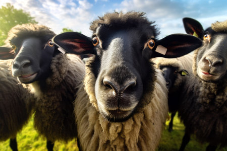 A flock of black sheep. Sheep look into the camera. Curious animals on the farm. The concept of rural life. Generative AI.の素材