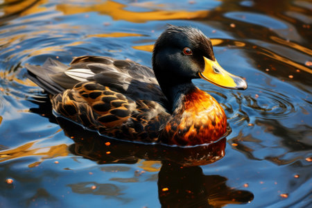 A duck with oil-covered feathers in waste and plastic-polluted water. Negative impact of human activity, oil spill and plastic water pollution on nature, ocean and sea - habitat of seabirds.の素材