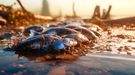 Fish with damage from contact with oil spills. Dead, infected and unfit for food marine catches. Impact of oil spill and plastic pollution on nature and water pollution.の素材