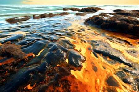 Sea coast polluted by industrial waste and oil spills. The concept of the negative impact of human activities on the ocean.の素材