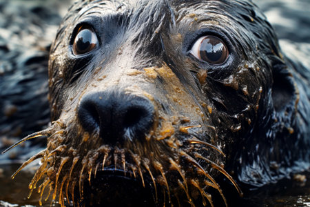 Covered in oil and waste, a sad seal or fur seal in a muddy ocean. The negative impact of the oil spill and plastic pollution on the nature and habitat of marine animals, fish and birds. close up.の素材
