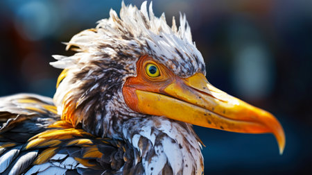 A seabird with oil and waste-covered feathers. Negative impact of human activity, oil spill and plastic water pollution on nature, ocean and sea - habitat of seabirds. close up.の素材