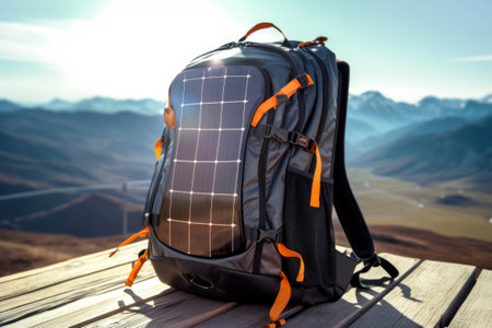 Mountain backpack with solar charger for travel, outdoor adventures and hiking. Solar energy in modern gadgets powered by renewable energy sources. Sustainable technologies for ecology. copyspace.の素材