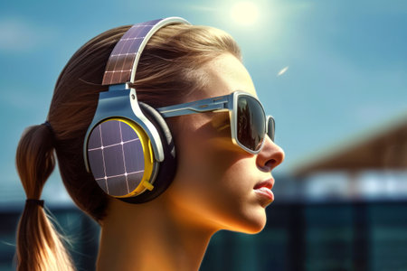 Portrait of a beautiful girl with self-charging solar-powered wireless headphones with a solar battery. Modern gadgets powered by renewable energy. Sustainable technologies for ecology.の素材