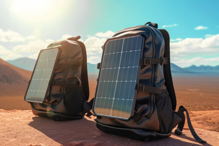 Backpacks with solar panels that can generate electricity to charge electronic devices while hiking or outdoors. Modern gadgets powered by renewable energy. Sustainable technologies for ecology.の素材