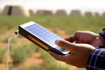 The concept of modern technology and power bank. Portable solar charger in the hands of a man on a journey in nature. Modern gadgets powered by renewable energy. Sustainable technologies for ecology.の素材