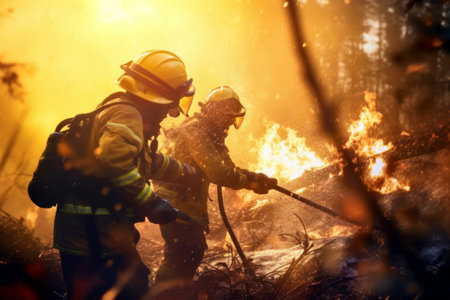 Brave firefighters on the front lines, working as a team to suppress the wildfire, addressing the immediate ecological crisis and striving to prevent further damage to vulnerable ecosystems.Copy spaceの素材