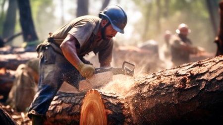 A Loggers cuts a tree trunk with a chainsaw. Felled and sawn logs of trees in the foreground. Forest clearing destroys vital habitats. Habitat Destruction and environmental problems.Copy space.Bannerの素材