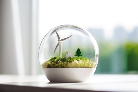 A transparent glass globe with a miniature landscape of nature, a small house and a tiny wind turbine inside stands on a windowsill. The concept of ecology, climate optimism and calm. copyspace.の素材