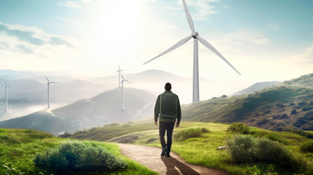 Back view of the silhouette of a man standing high in the mountains and looking at the landscape of nature with wind turbines in front of him. Concept of the ecology of the future. Banner. copyspace.の素材