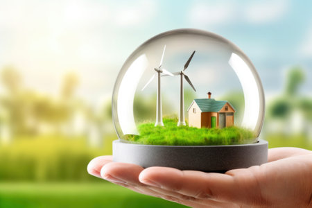 A transparent glass ball with a miniature landscape, green grass, figurines of a house and a tiny wind turbines inside in the hands of a man. The concept of ecology, climate optimism and calm. copyspace.の素材