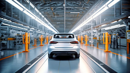 Assembly of an electric vehicle in a modern and technologically advanced automotive plant using cutting-edge manufacturing processes. The concept of green transportation.の素材