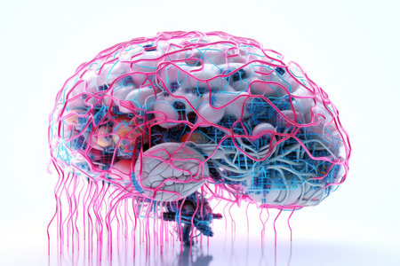 AI brain with colored wires, chips and microcircuits. creative. isolated on white background. Mock up.の素材