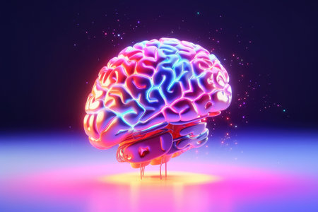 A creative image of a glowing neon brain with chips, microcircuits, metal and wires in pink, blue, yellow and purple colors on a dark blue background in 3d style.の素材