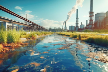 Ecological problems and climate change concept. Factory emissions polluting the green landscape and river water. Need to combat the non-sustainable environmental impact.の素材