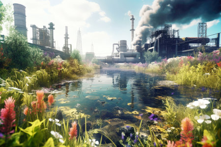 Factory emissions polluting the green landscape and river water, revealing ecological problems and climate changes. Need for eco-friendly solutions to address the non-sustainable environmental impact.の素材