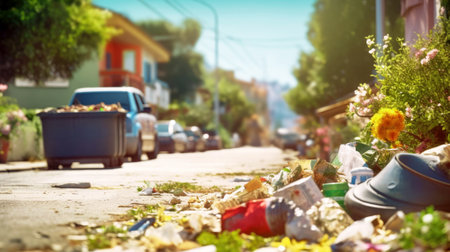Plastic trash covers the sidewalks and urban green environments, creating environmental problems. Need for effective waste recycling to combat environmental pollution.の素材