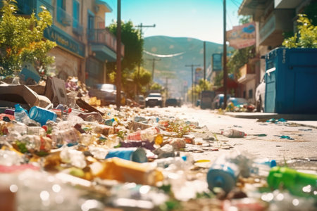 Plastic waste engulfs the urban environment, emphasizing the importance of sustainable waste disposal and environmental preservation.の素材
