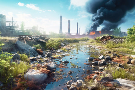 A natural landscape tainted by pollution from a factory emitting steam and gas, polluting the once-green grass and river. Highlighting environmental issues, air pollution, and the impact on nature.の素材