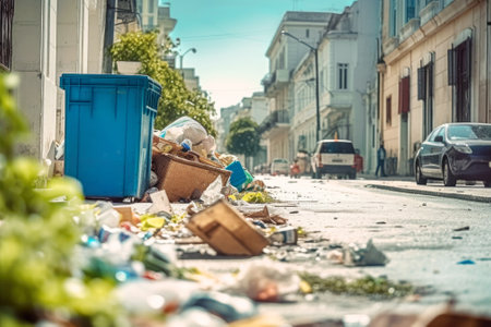 City street overwhelmed by a garbage dump, ecological crisis. Piles of plastic waste in the urban landscape. The pressing issue of waste management and its detrimental impact on the environment.の素材