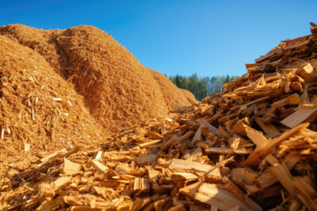 Stack of wood chips, a byproduct of timber milling. These shavings play a vital role as a renewable energy source, powering biomass facilities and promoting eco-friendly fuel alternatives.の素材