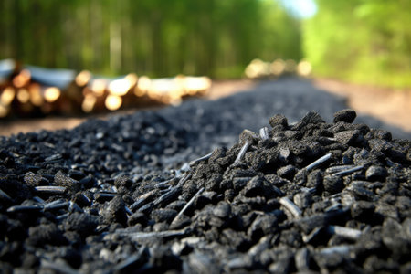 A big pile of biochar in a garden. Biochar increases soil carbon to improve agricultural productivity and soil fertility.の素材